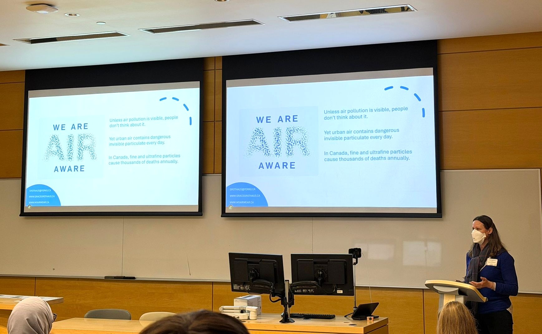 Grace Grothaus presenting the We Are Air Aware project at the Dahdaleh Institute for Global Health Research.