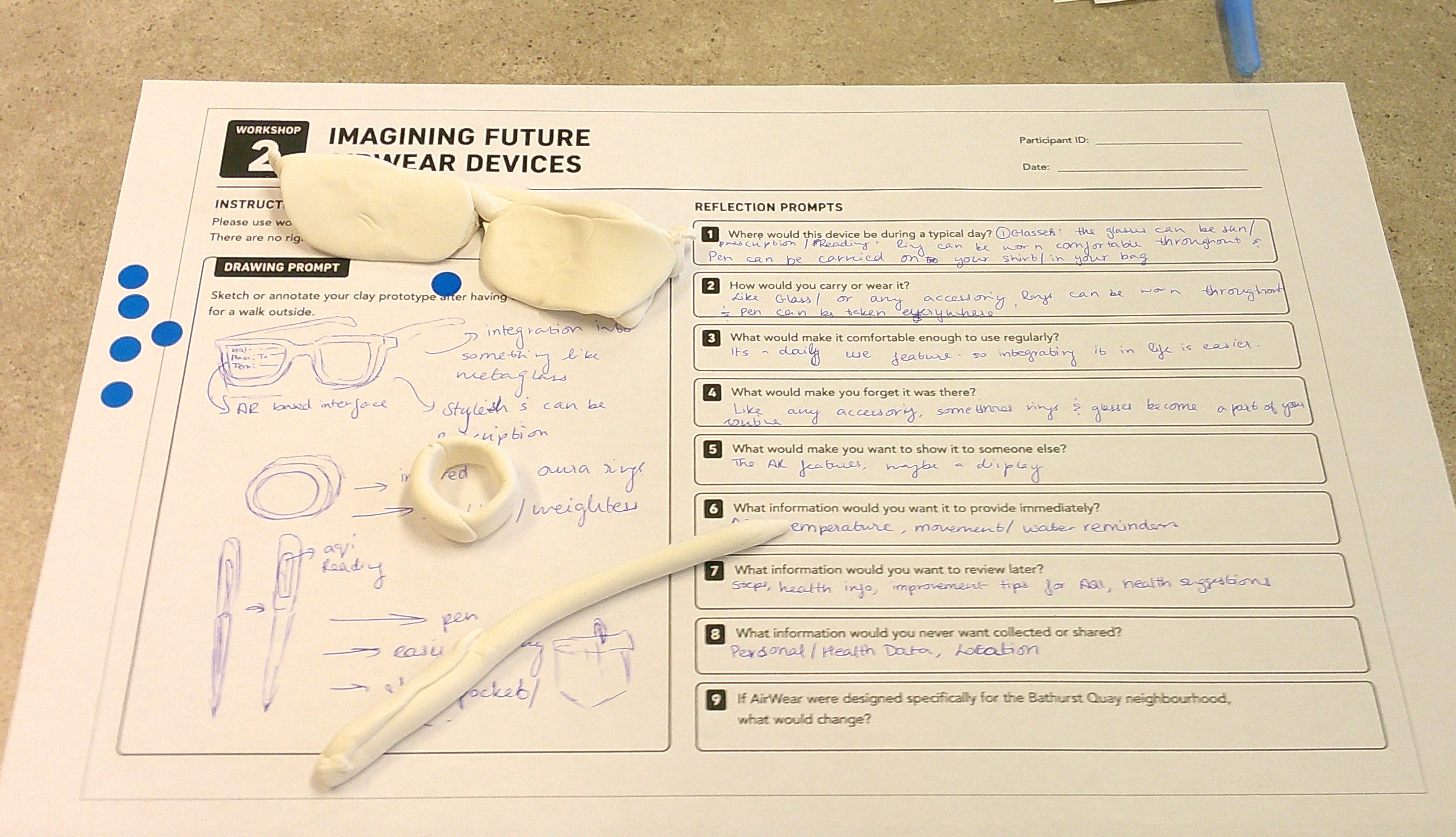 Completed AirWear co-design worksheet with sketches and clay wearable prototypes